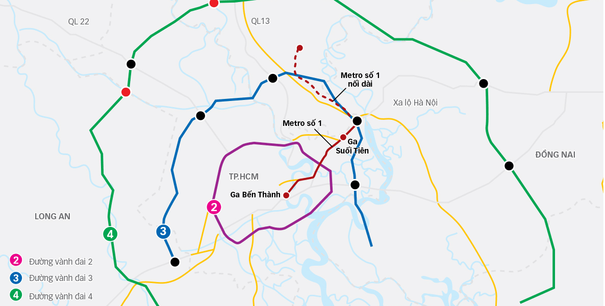 Hệ thống kết nối giao thông liên vùng giữa TP.HCM - Bình Dương - Bà Rịa Vũng Tàu. Ngoài ra còn có một số cao tốc, đường hiện hữu
